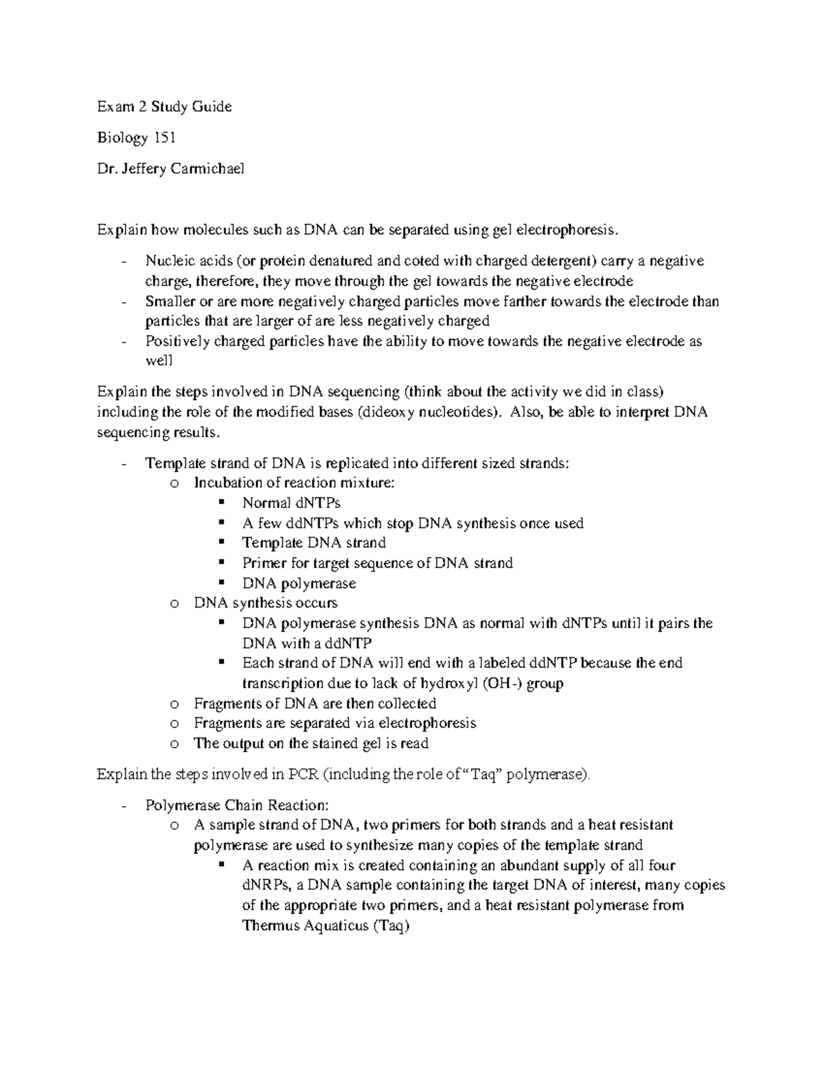 Exam 2 Study Guide Dr Jeffery Carmichael Exam Study Guide Biology 151 Dr Jeffery Carmichael Explain How Molecules Such As Dna Can Be Separated Using Gel Studocu