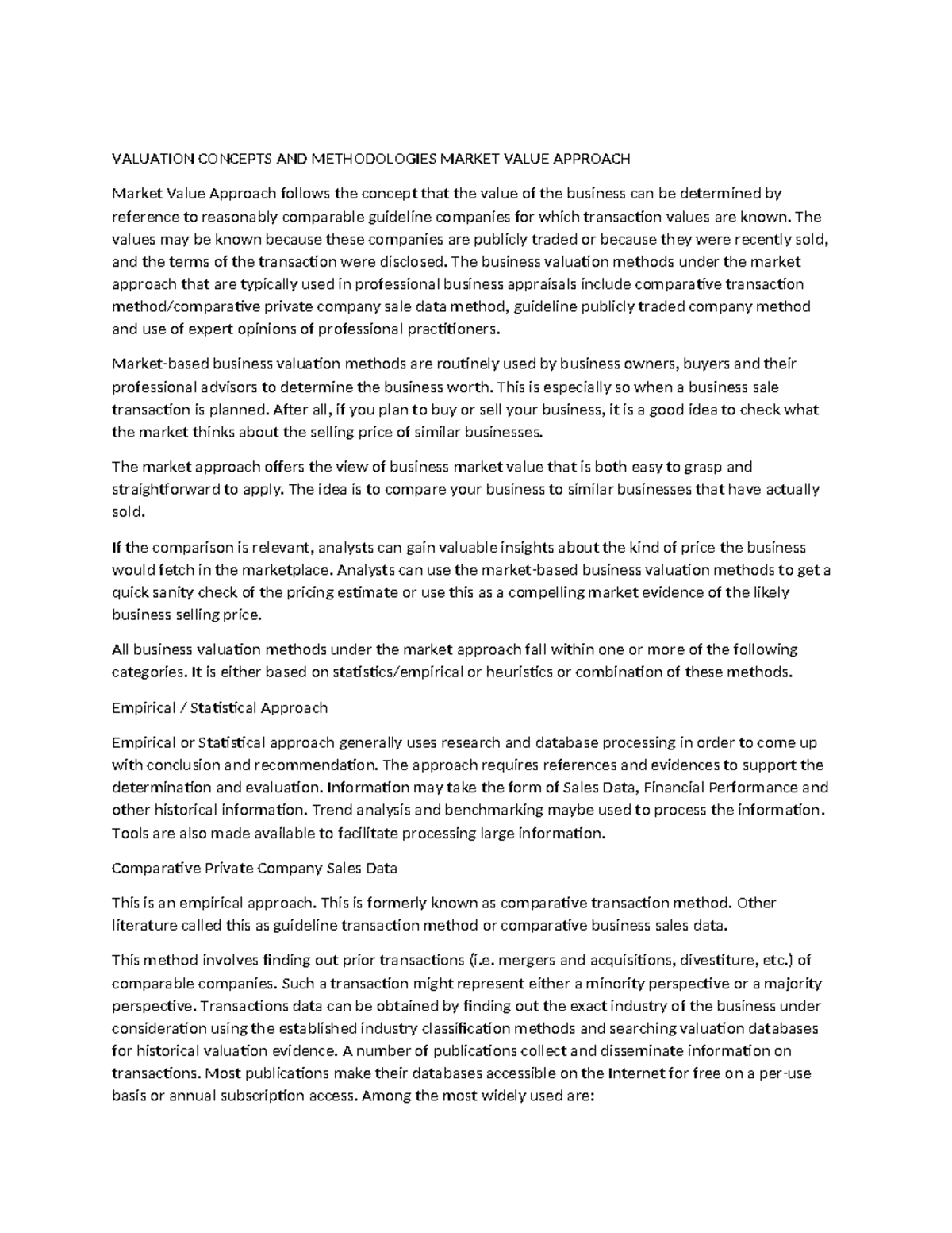 Valuation Concepts And Methodologies Market Value Approach Valuation