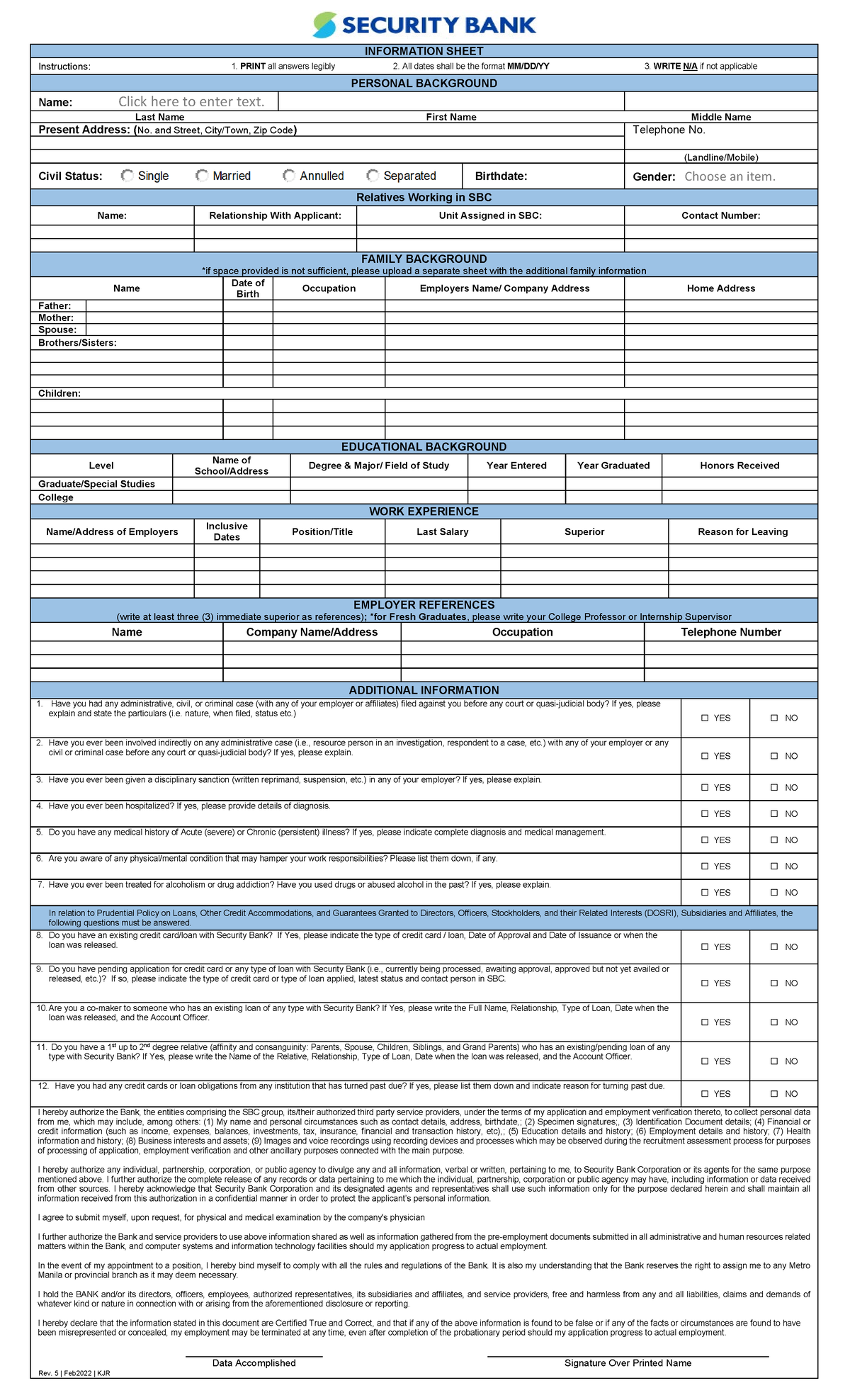 Personal Information Sheet - INFORMATION SHEET Instructions: 1. PRINT ...