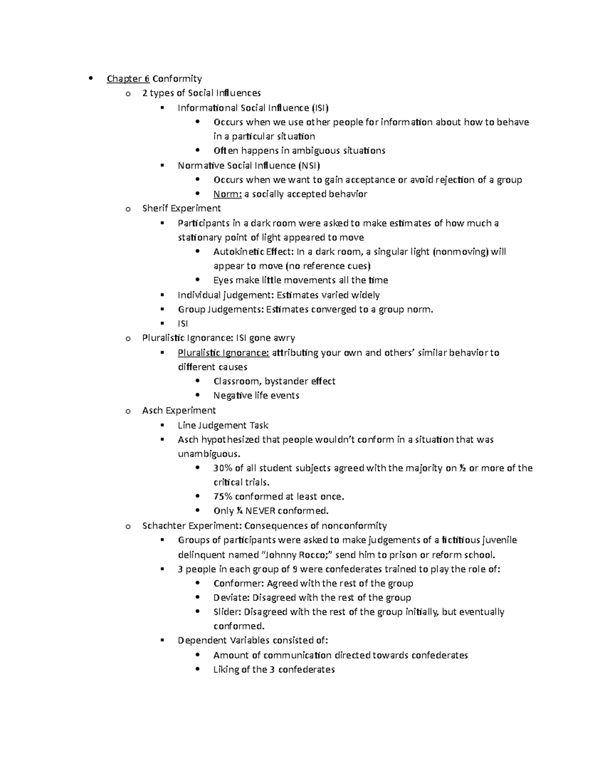 Chapter 6 Conformity - Notes - Chapter 6 Conformity o 2 types of Social ...