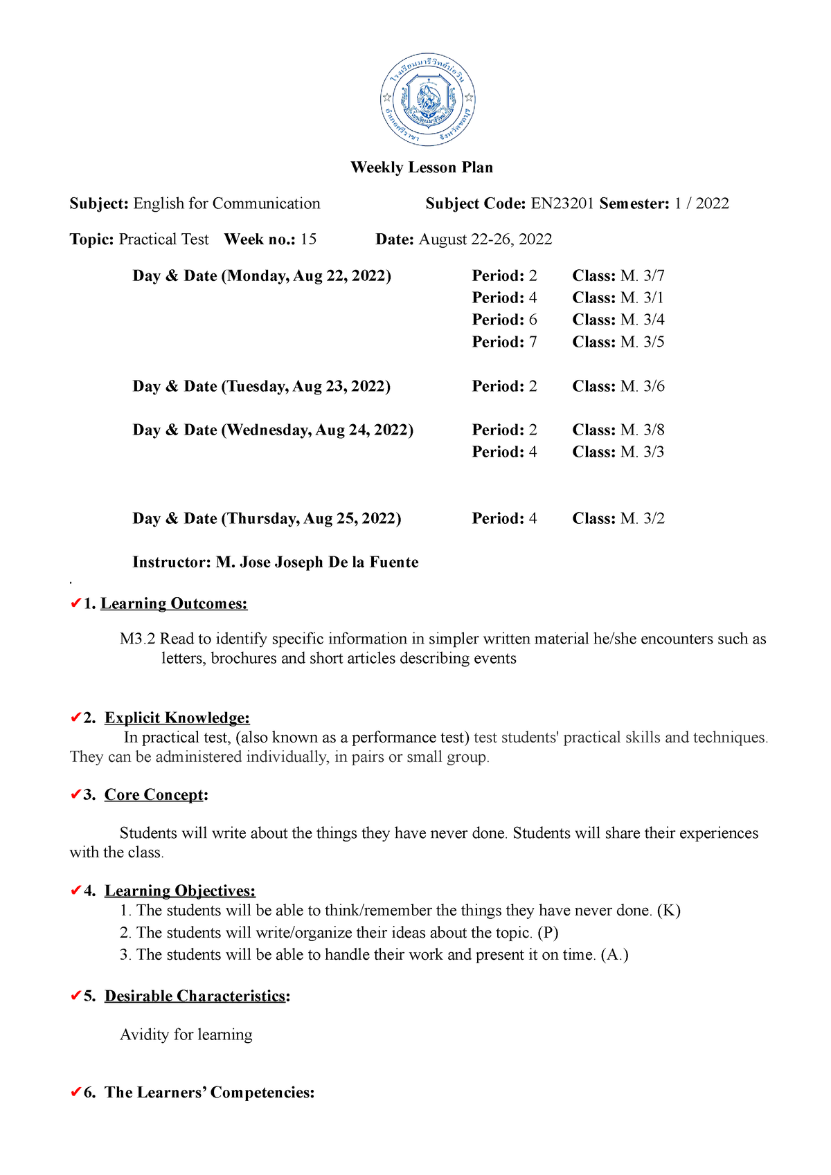 DAY 1 WEEK 15 M3 LESSON PLAN ESL Weekly Lesson Plan Subject 