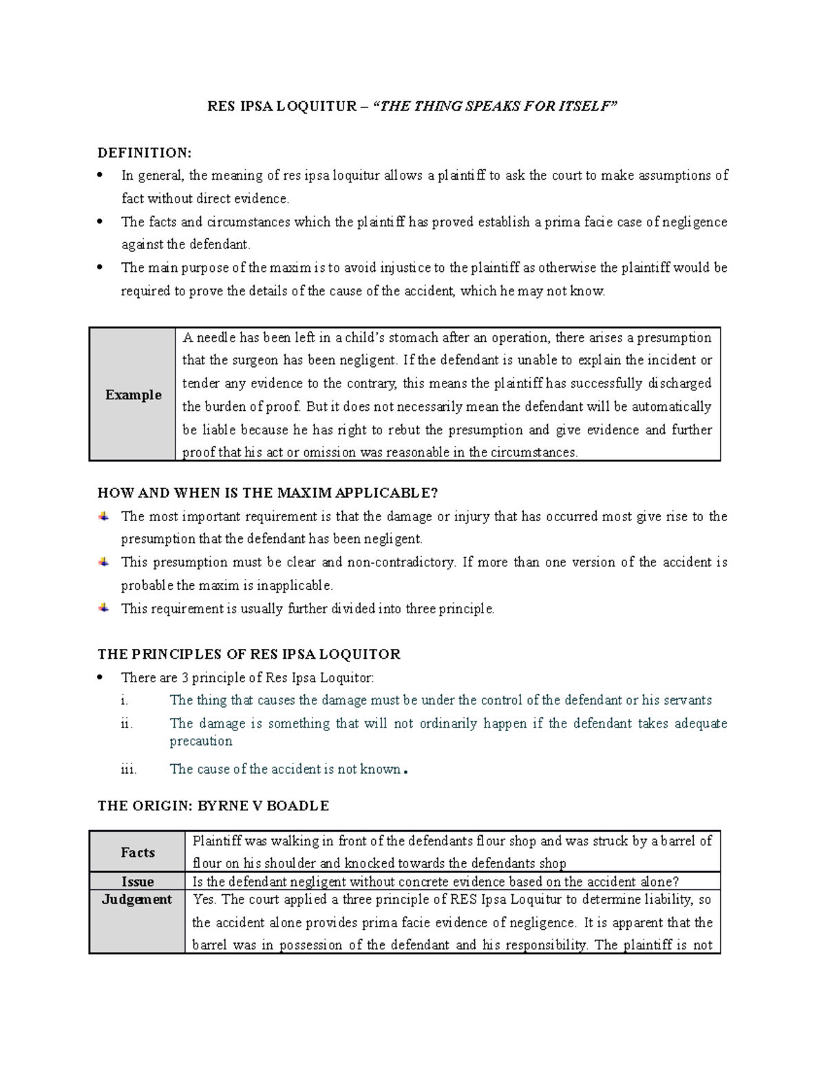 Law Of Tort I - Res Ipsa Loquitor - RES IPSA LOQUITUR – “THE THING ...