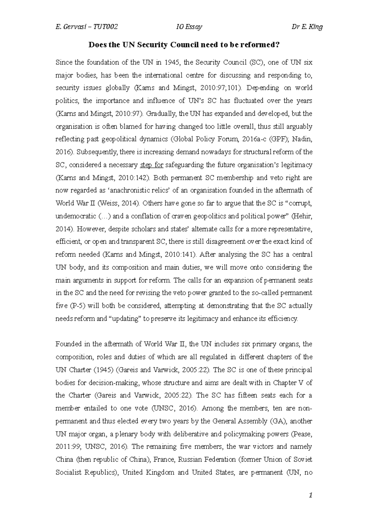 IO essay UN SC Grade 1st E. Gervasi TUT002 IO Essay Dr E. King