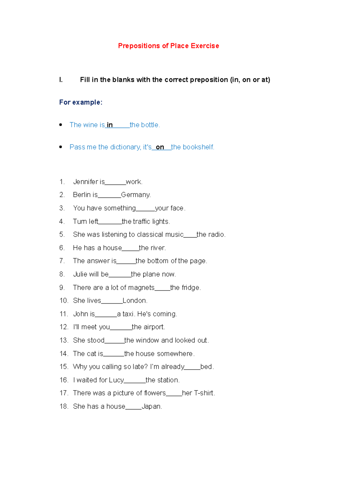 Classwork Prepositions OF Place - Prepositions of Place Exercise I ...