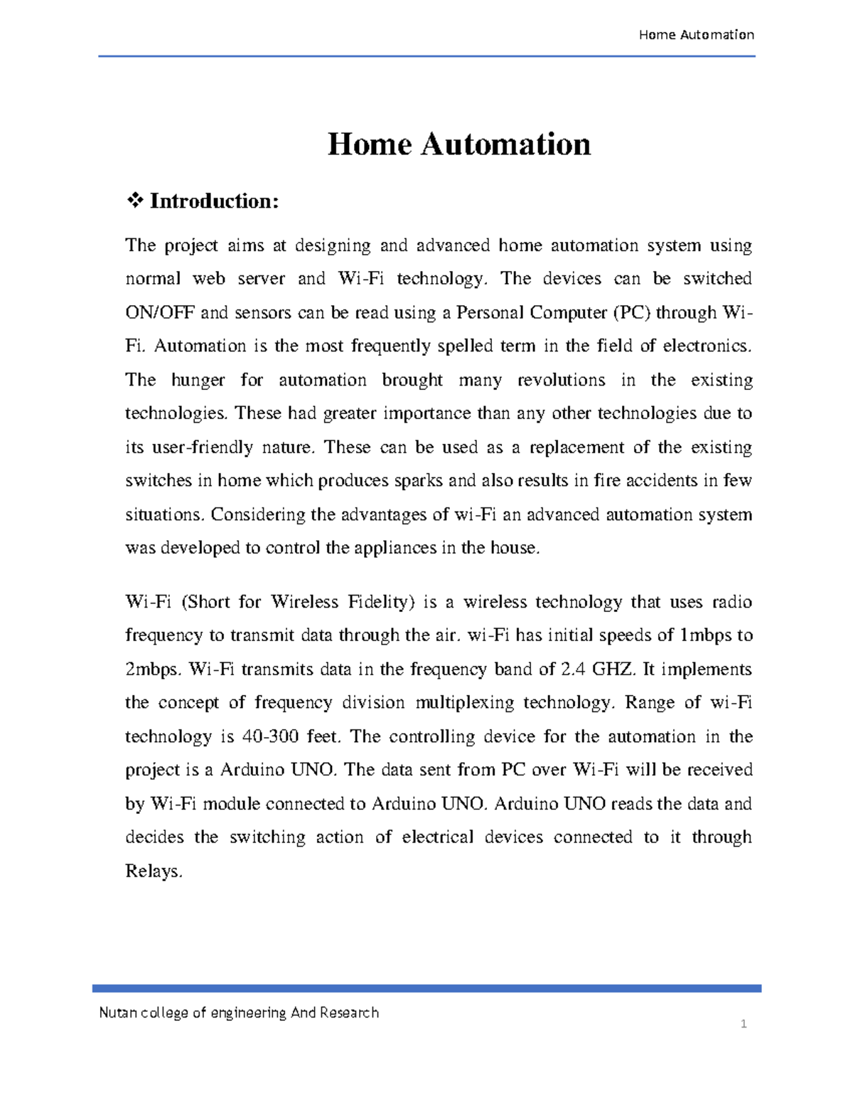 Home Automation report mini project Nutan college of engineering And