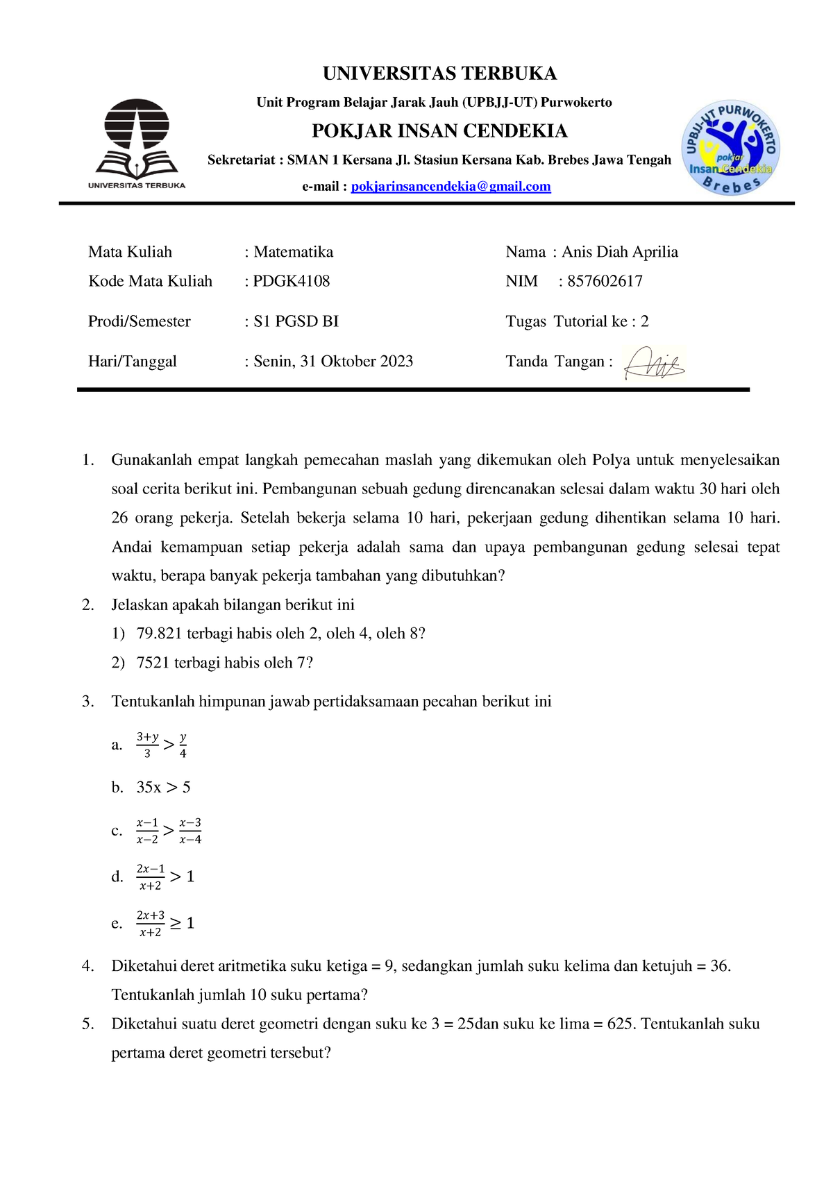 Tugas 2 Matematika - Mata Kuliah : Matematika Nama : Anis Diah Aprilia ...