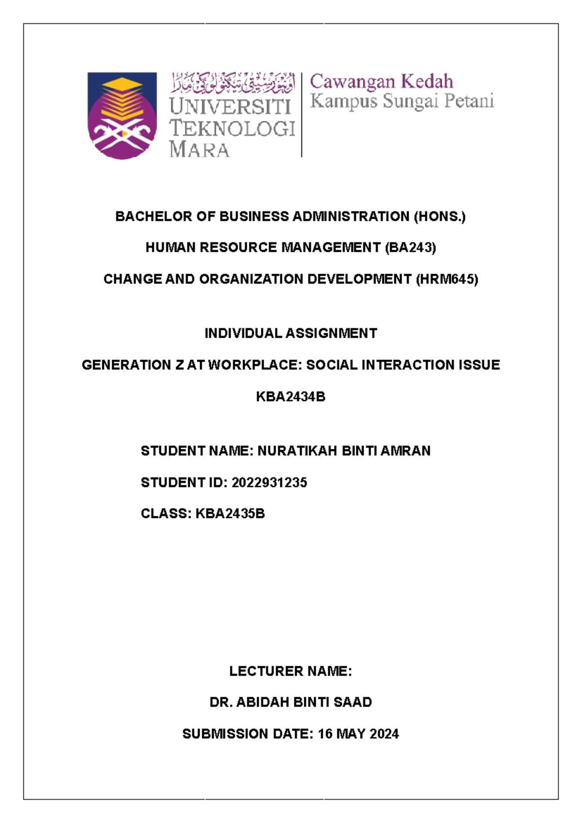 HRM645 Script Generation Z AT Workplace - BACHELOR OF BUSINESS ...