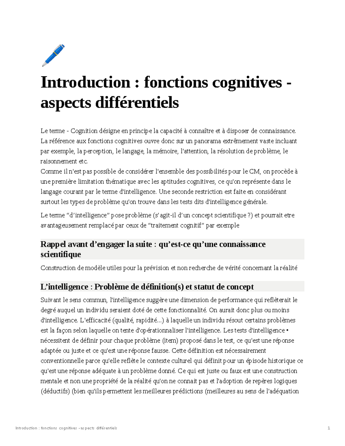 Intro Cognitif Diff 🖊 Introduction Fonctions Cognitives Aspects