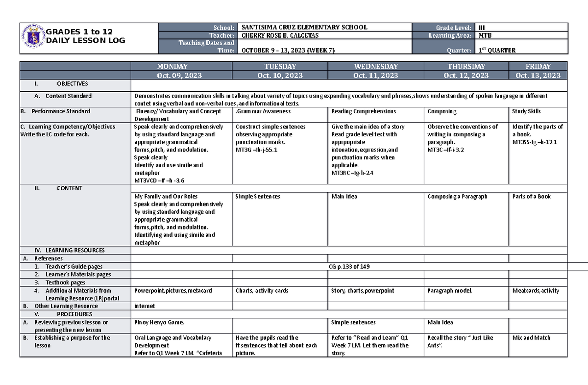 DLL MTB 3 Q1 W7 - GUIDE FOR DAILY LESSON - GRADES 1 to 12 DAILY LESSON ...