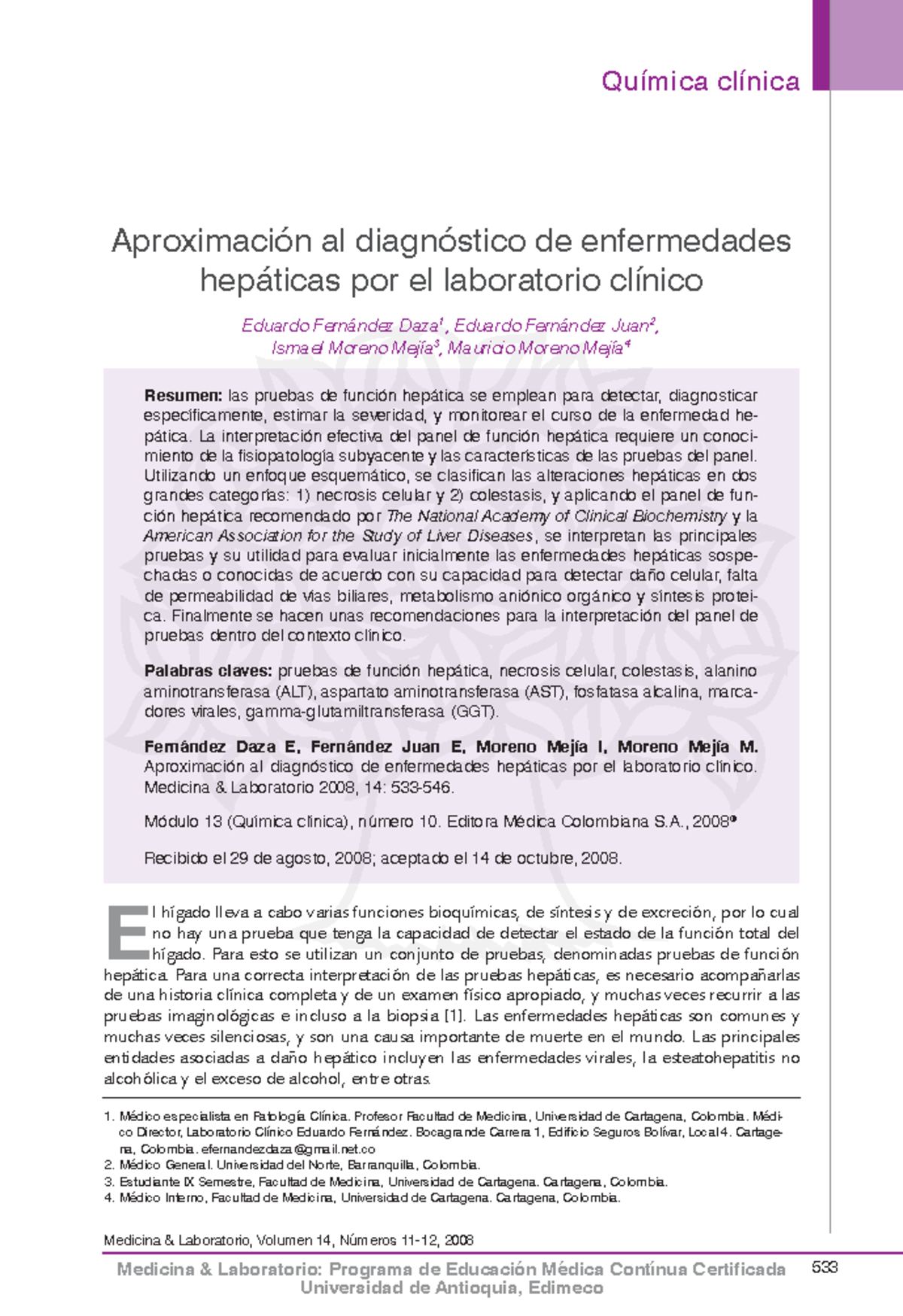 Pruebas de función hepática- B, AST, ALT, FA y GGT - ####### 533 ...