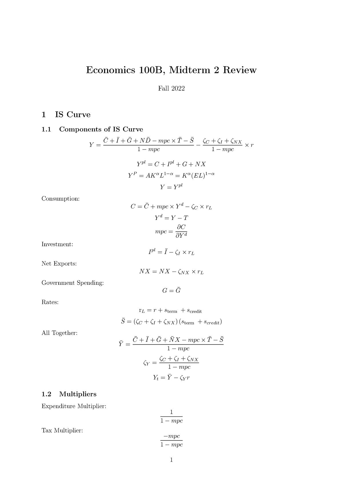 Midterm 2 Review Topics - Economics 100B, Midterm 2 Review Fall 2022 1 ...