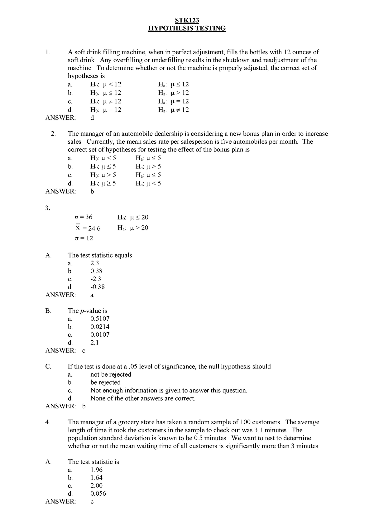 hypothesis testing exercises