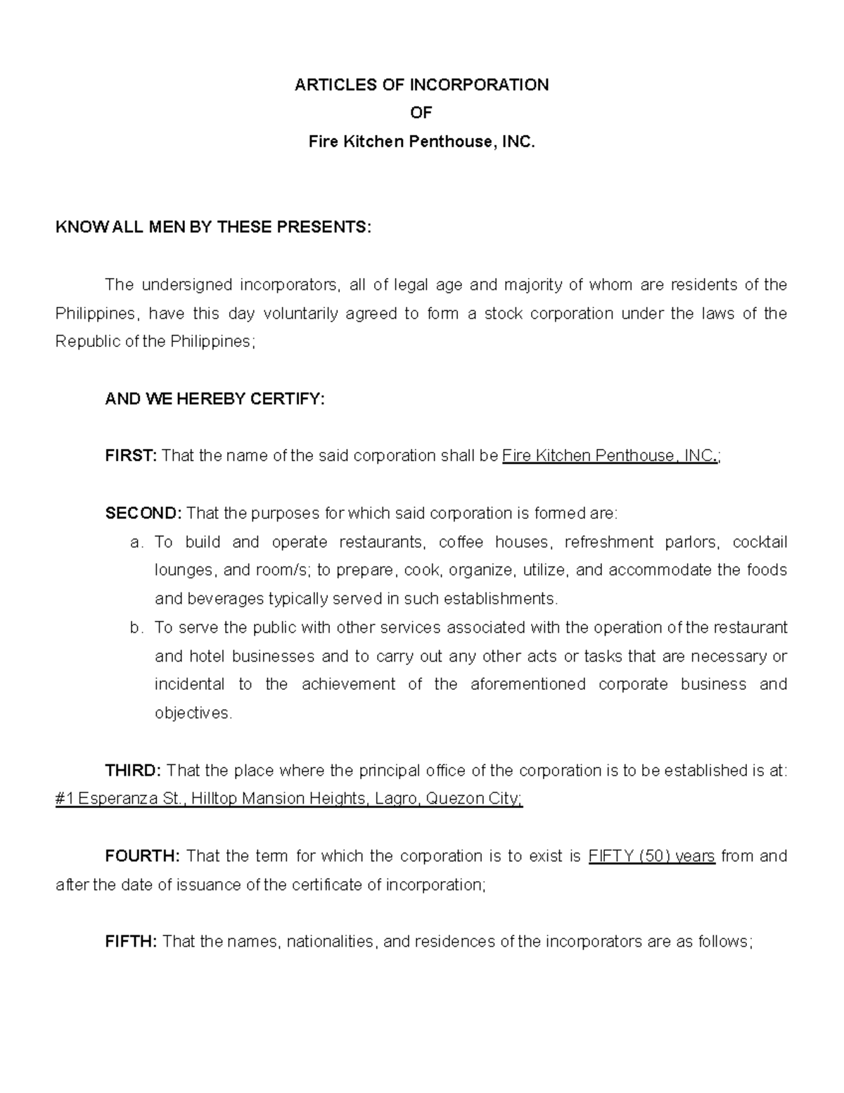 Group 3 Articles OF Incorporation Corporation engaged in restaurant and ...