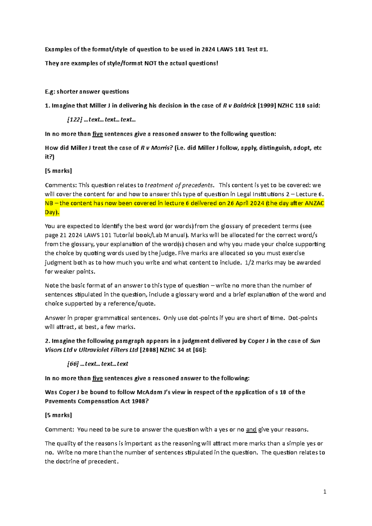 LAWS 110 Test 1 Sample Questions and Guidelines - 1 Examples of the ...
