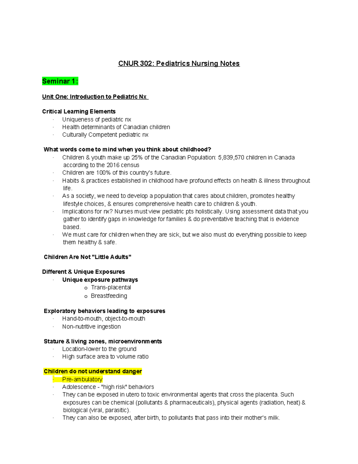CNUR 302 Final Exam Study - CNUR 302: Pediatrics Nursing Notes Seminar ...