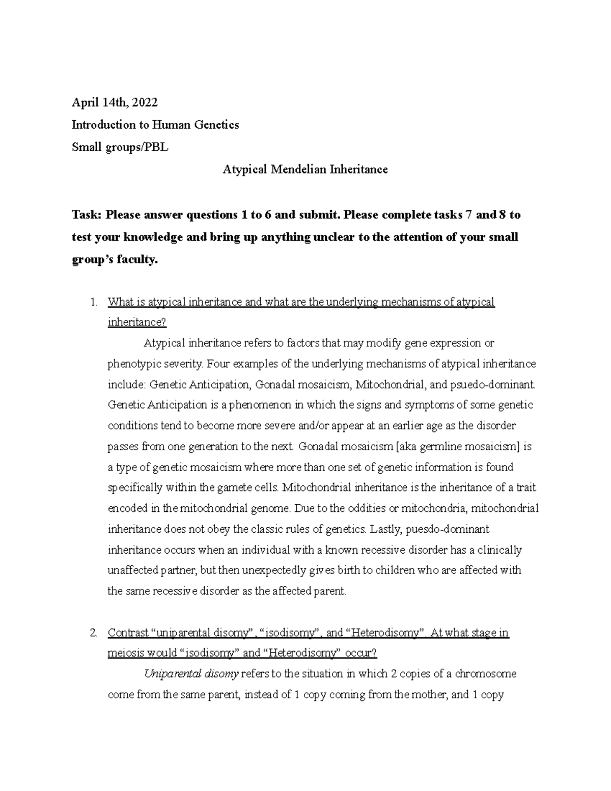 Genetics Assignment 11 - April 14th, 2022 Introduction to Human ...