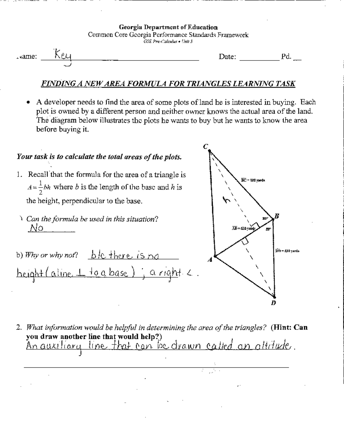 Deriving Area formula for oblique triangles Unit 3 Task 1 key - Studocu