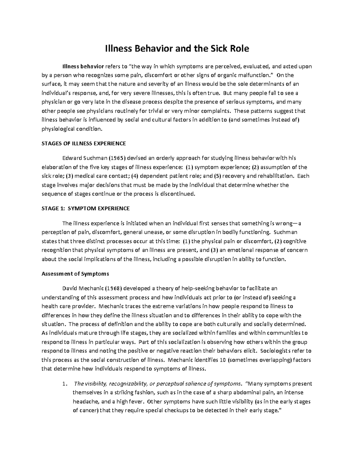 Illnessbehaviorandthesickrole - Illness Behavior and the Sick Role ...