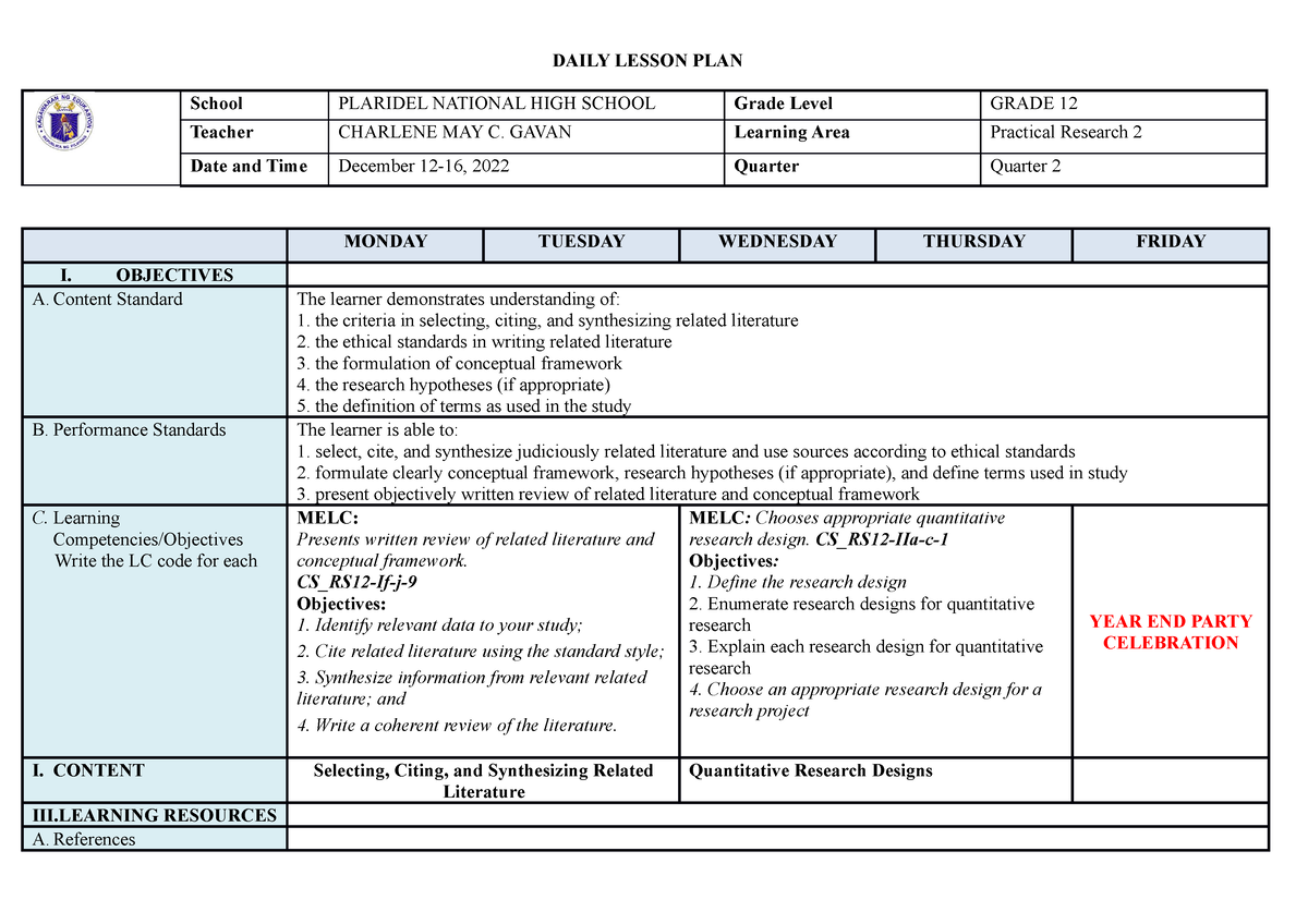 PR2-Q2-week - 5 - Detailed Lesson Plan In Practical Research 2 - DAILY ...