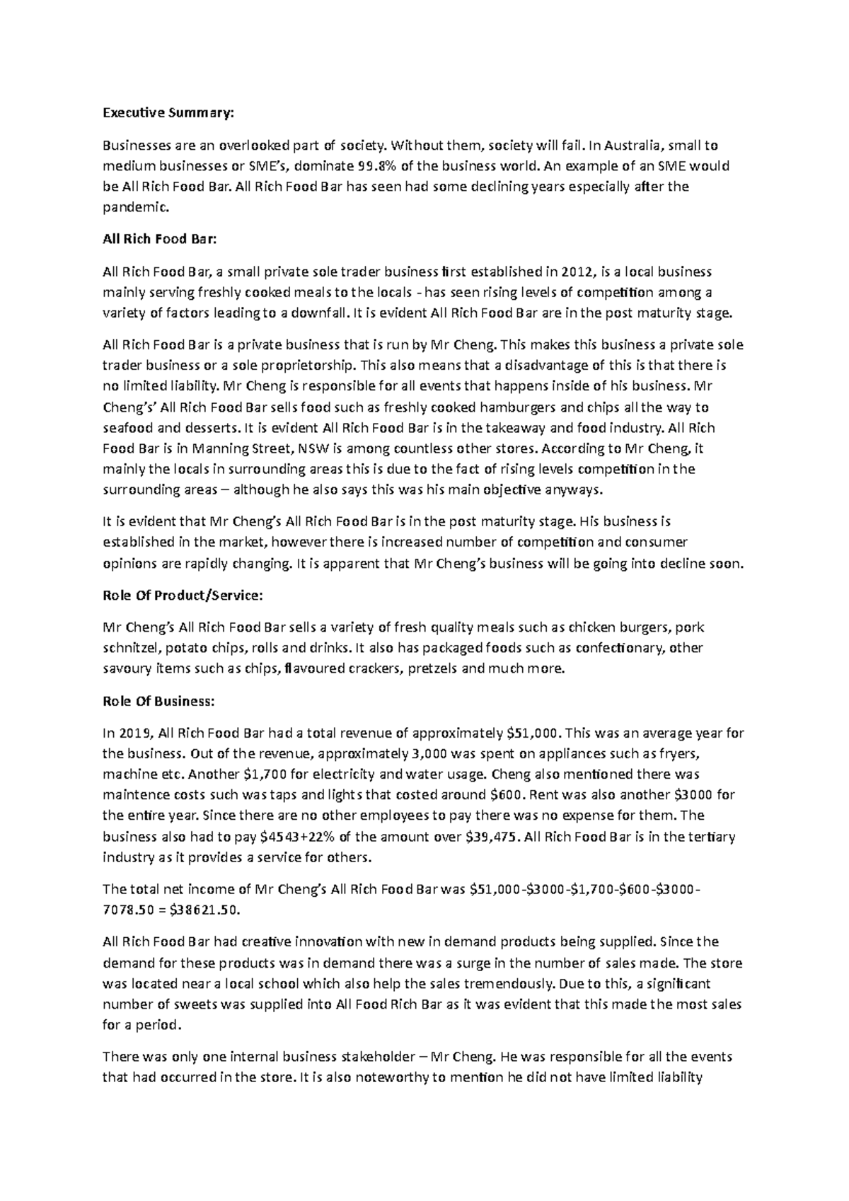 All Rich Food Bar Report Executive Summary Businesses are an