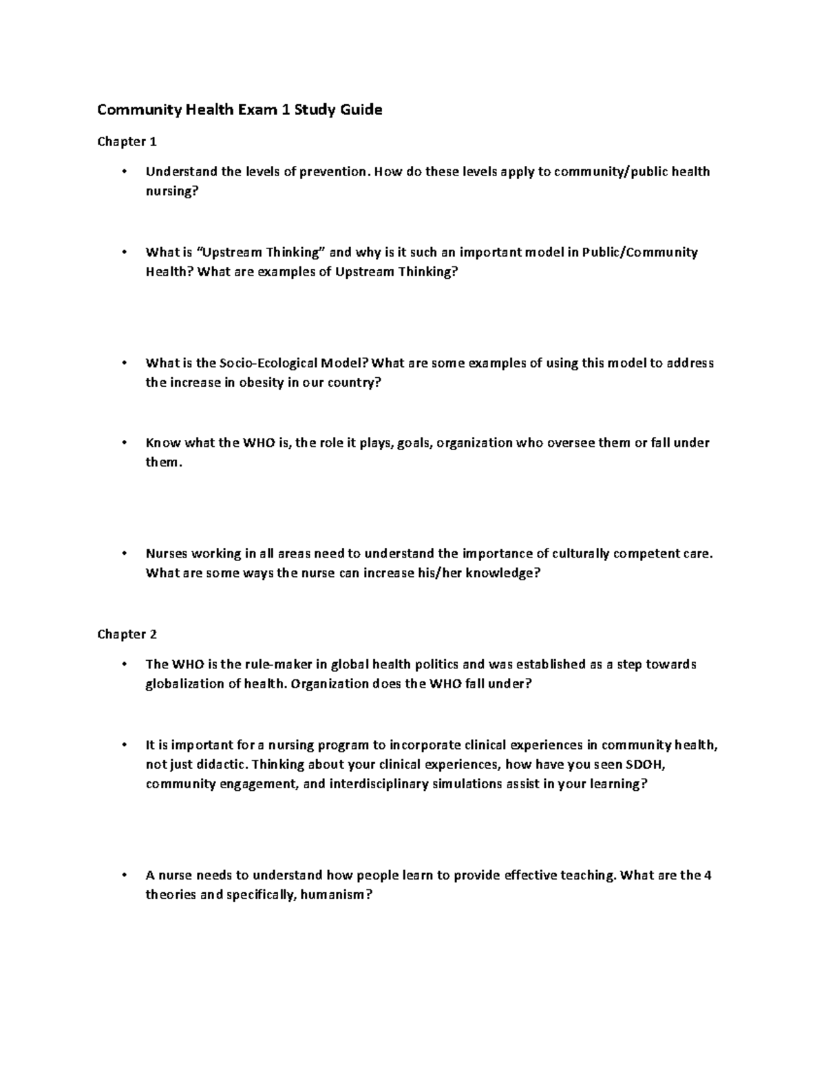 Community Health Exam 1 Study Guide How do these levels apply to