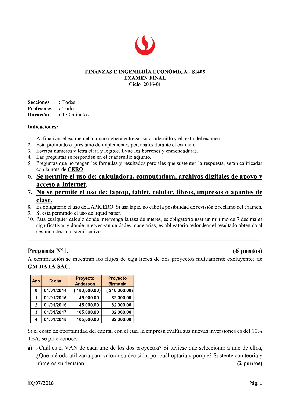 Final Finanzas 2016-01 - XX/07/2016 Pág. 1 FINANZAS E INGENIERÍA ...