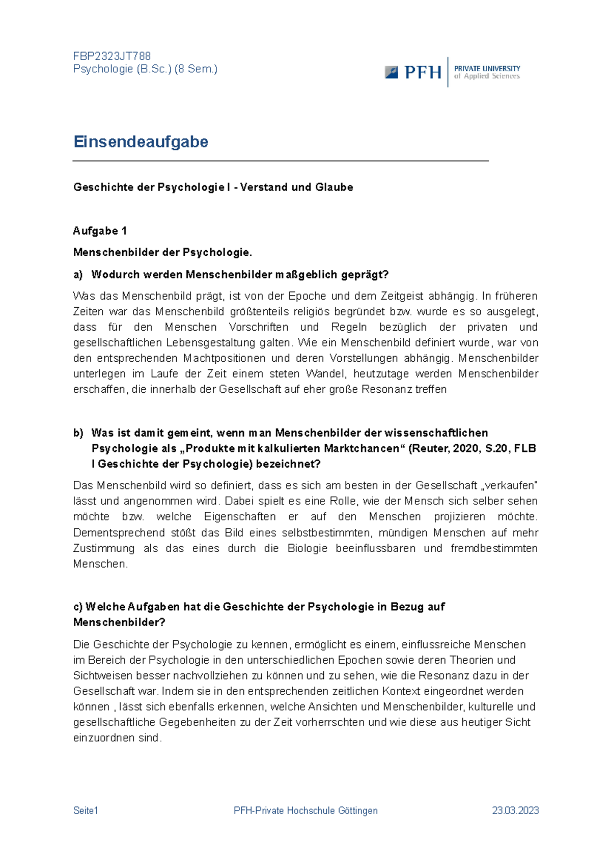 EA - Geschichte Der Psychologie I - FBP2323JT Psychologie (B.) (8 Sem ...