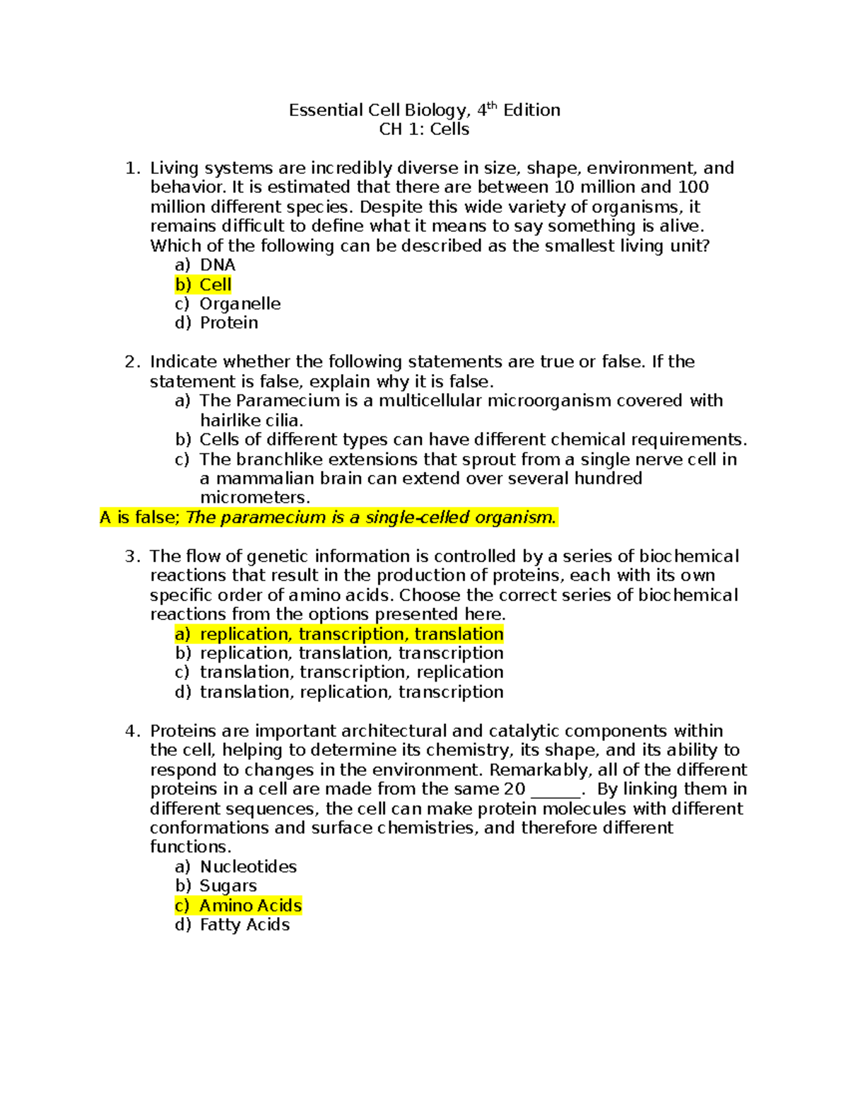 Essential Cell Biology 4th Ed. Test Bank CH1 - Essential Cell Biology ...