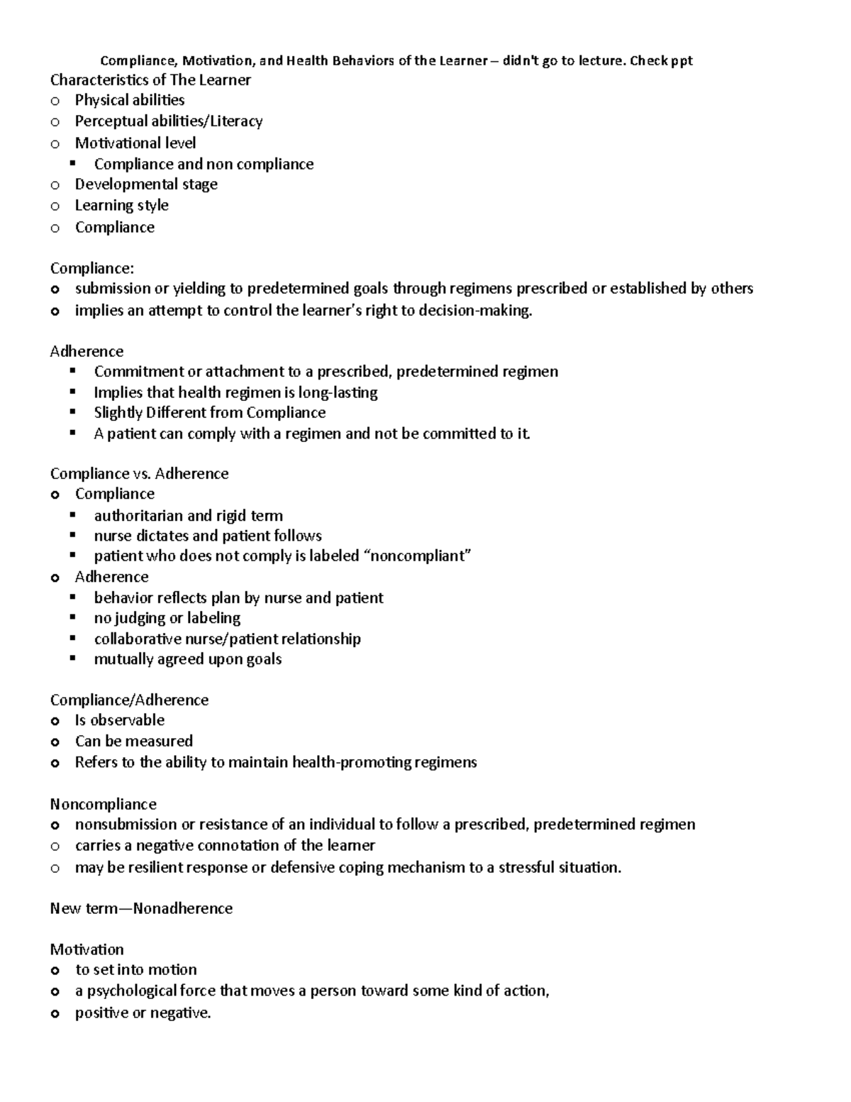 Characteristics of the Learner student notes - Compliance, Motivation ...