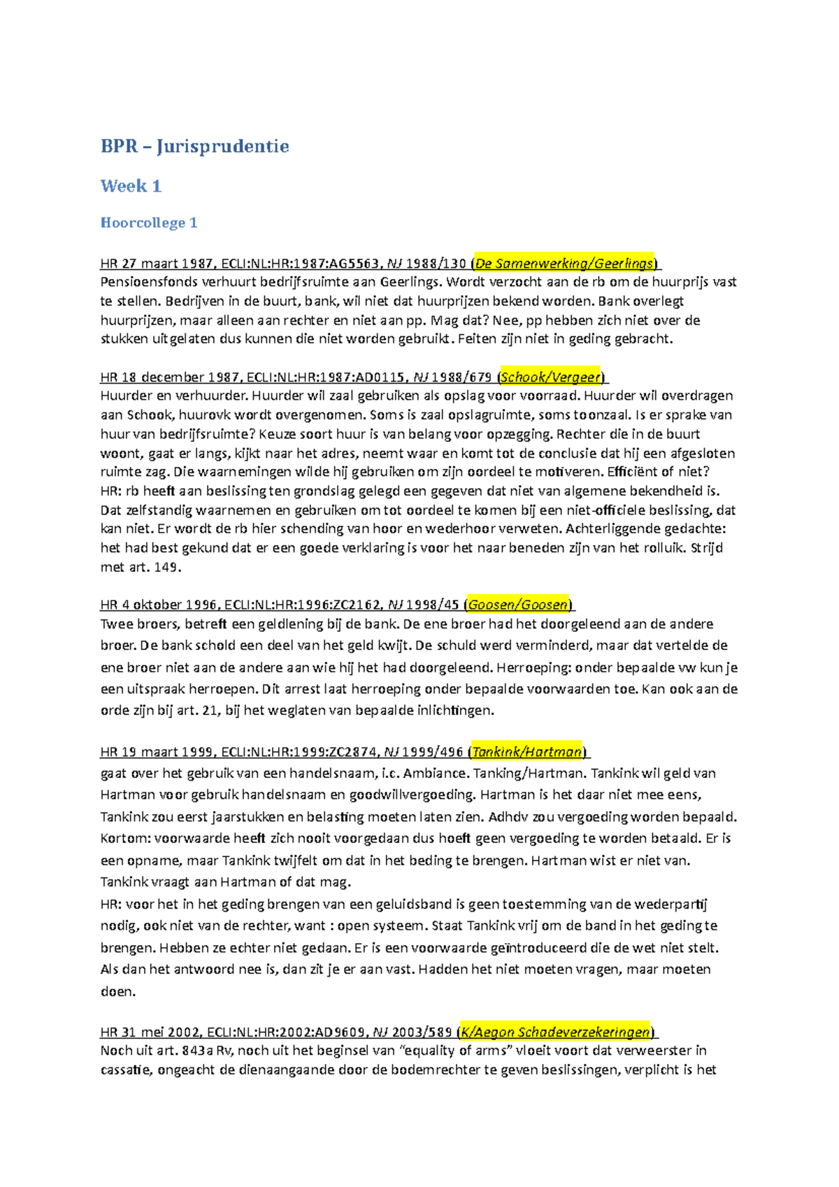 BPR - Jurisprudentie - Samenvatting Van De Voorgeschreven Arresten ...