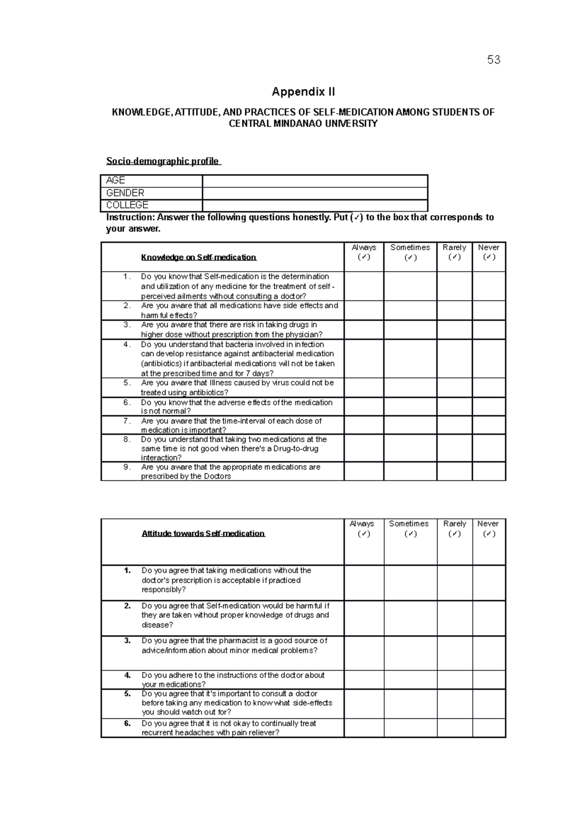 Appendix II Questionnaire - 53 Appendix II KNOWLEDGE, ATTITUDE, AND ...