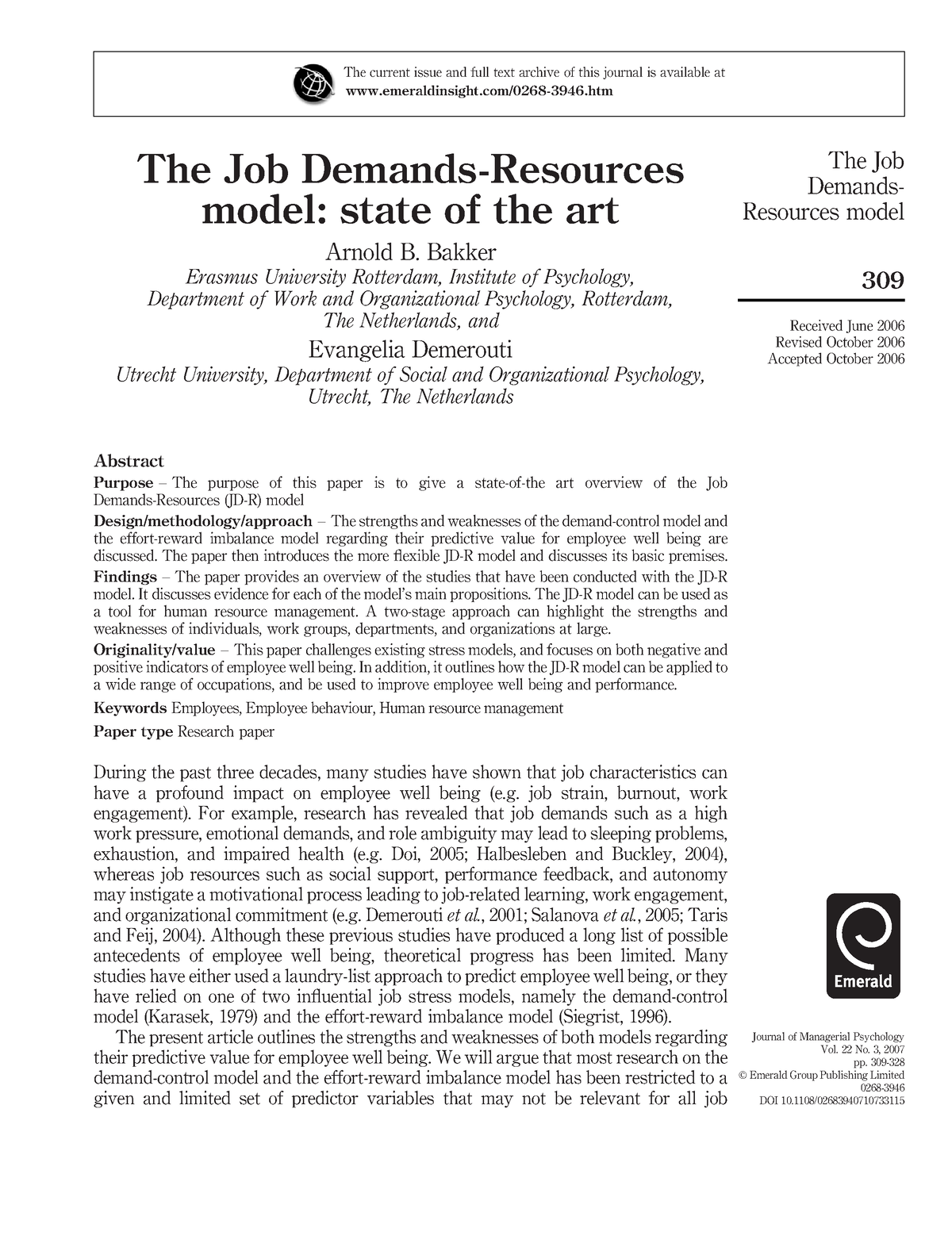 Job Demands Resource Model - The Job Demands-Resources Model: State Of ...