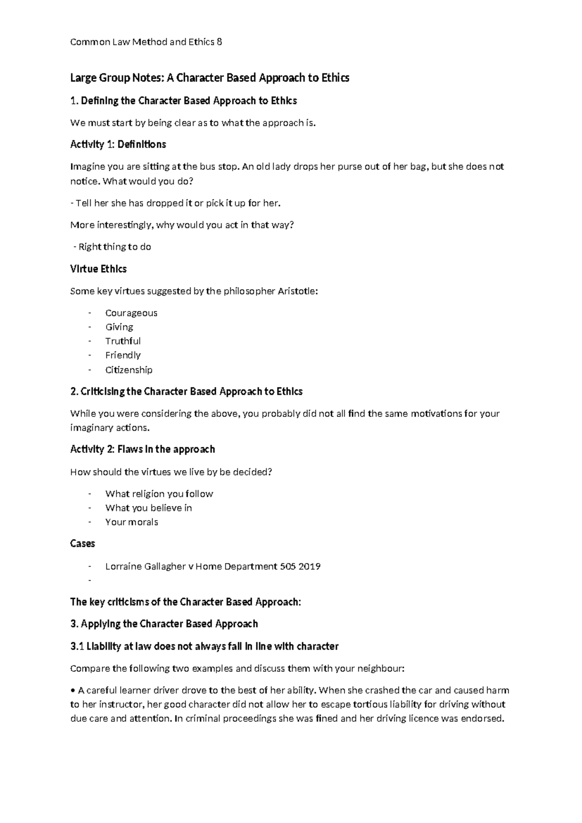 Common Law 8 - notes - Large Group Notes: A Character Based Approach to ...