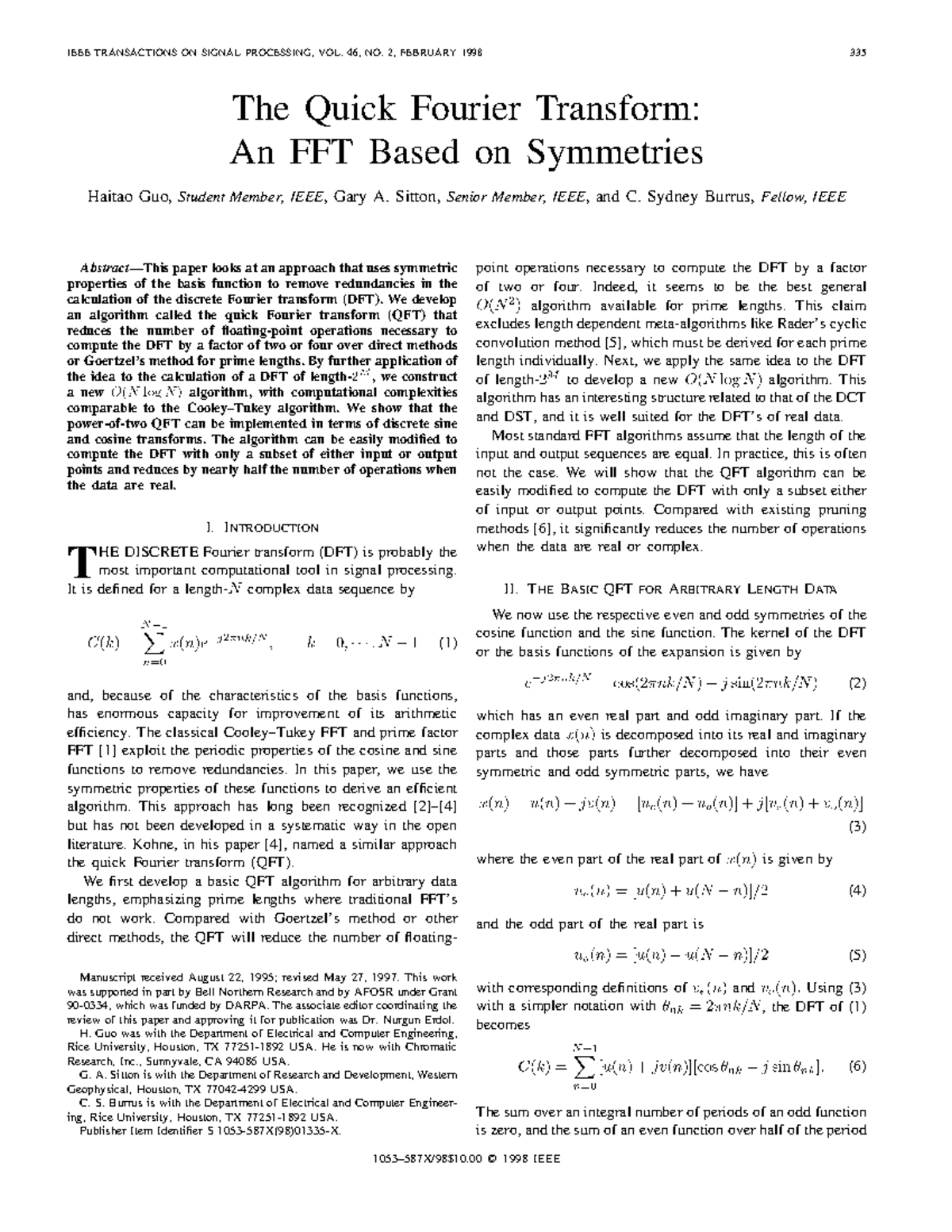 Project IEEE TRANSACTIONS ON SIGNAL PROCESSING, VOL. 46, NO. 2
