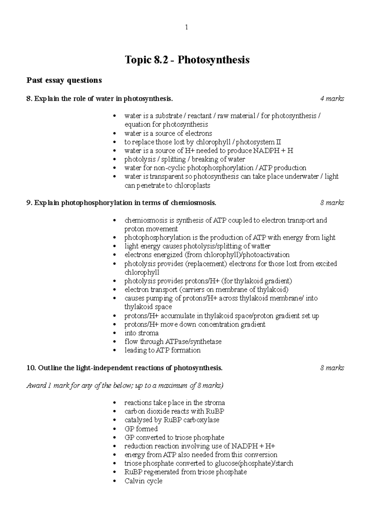 8 - Photosynthesis - Topic 8 - Photosynthesis Past essay questions 8 ...