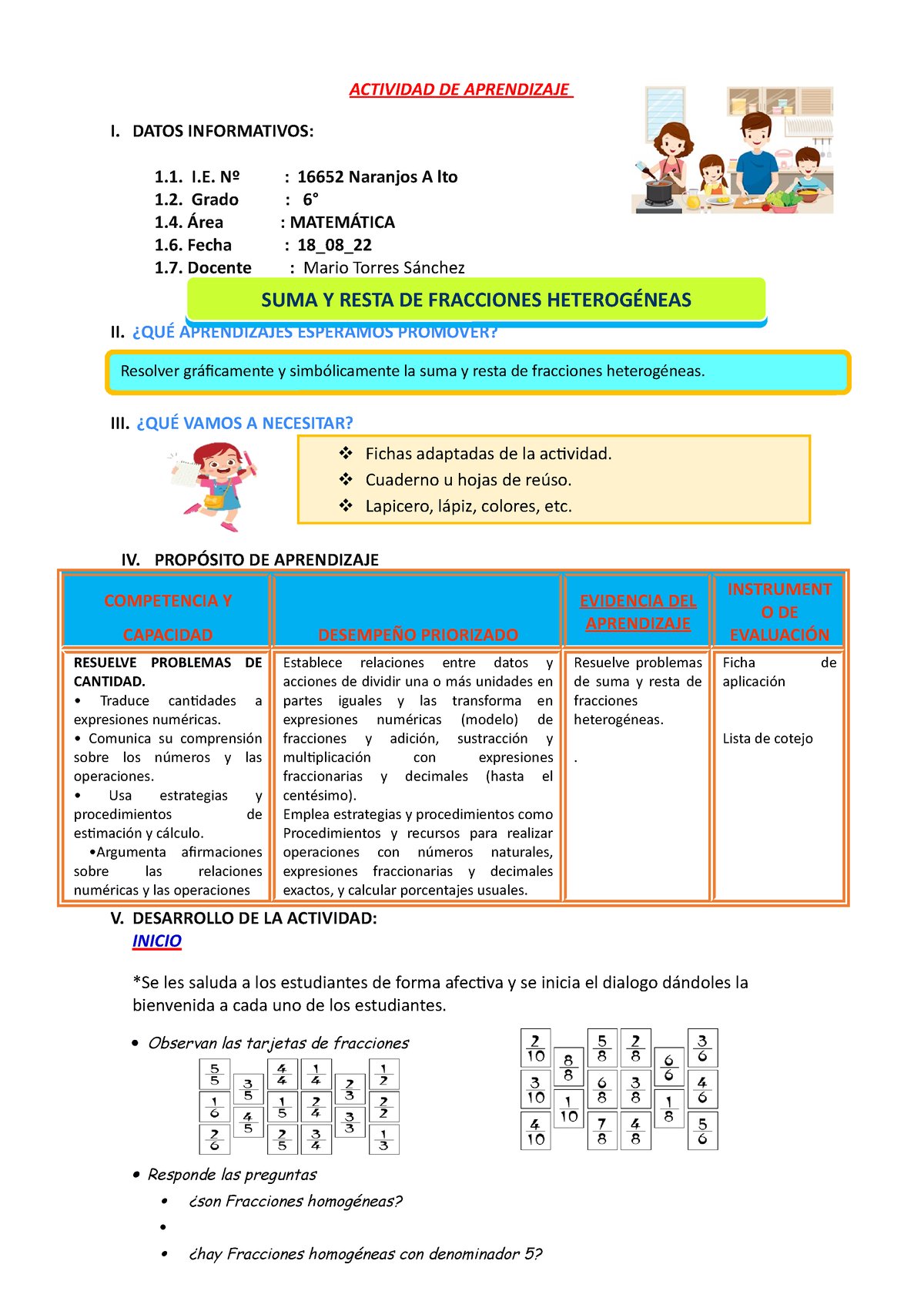 Sesion Suma Y Resta Fracciones Heterogéneas Actividad De Aprendizaje I Datos Informativos 1 0504