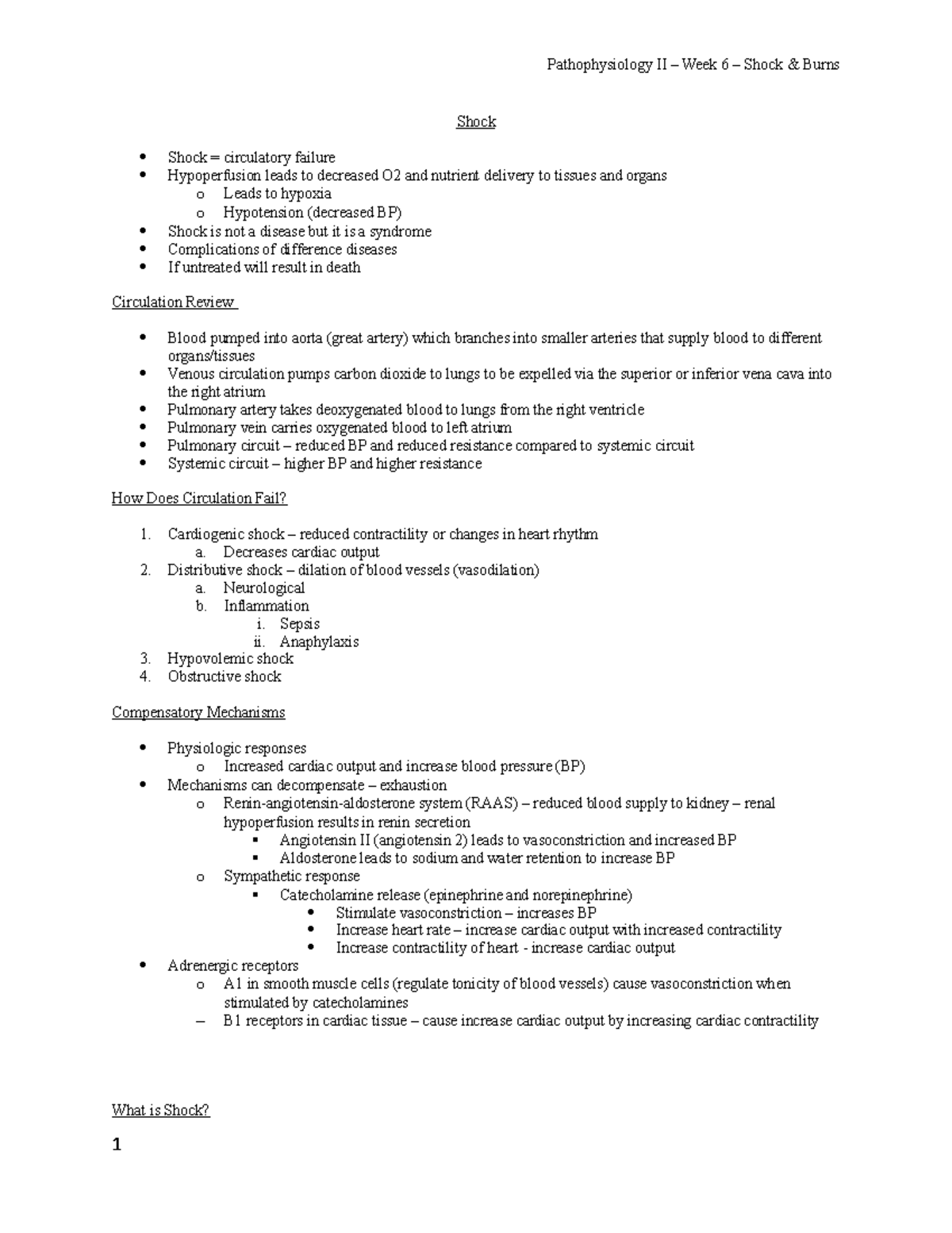 Week 6 Shock and Burns Shock Shock = circulatory failure