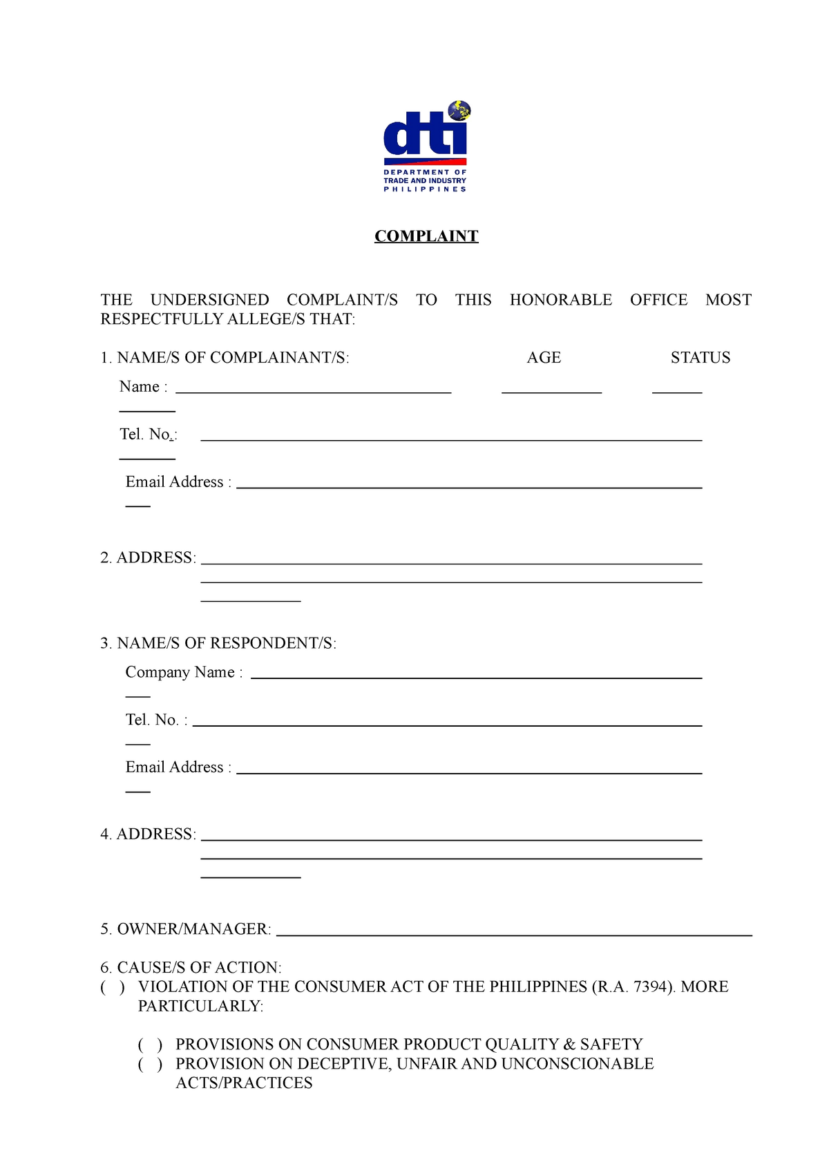 DTI Complaint-Form (New) - COMPLAINT THE UNDERSIGNED COMPLAINT/S TO ...