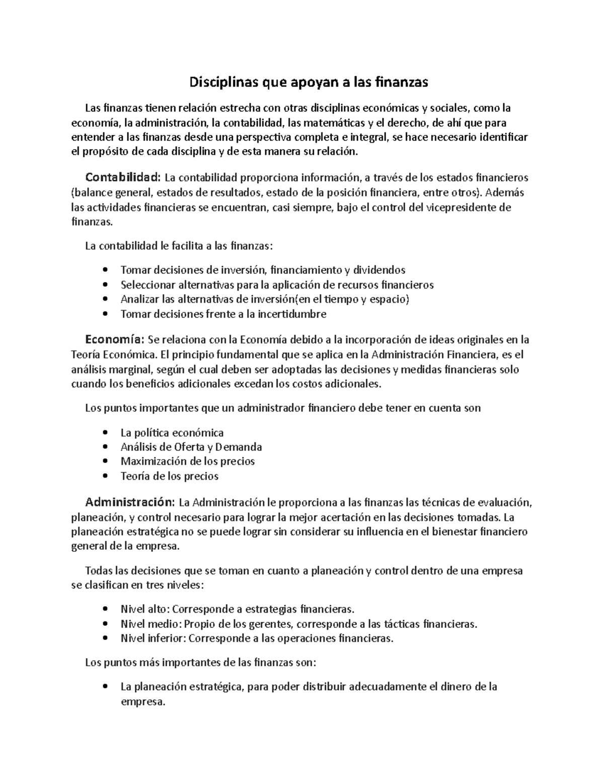 Disciplinas que apoyan a las finanzas