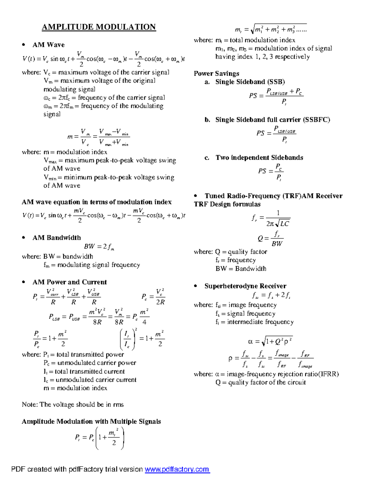 Engineering Formulas - AMPLITUDE MODULATION AM Wave t V t V V t Vc ct m ...
