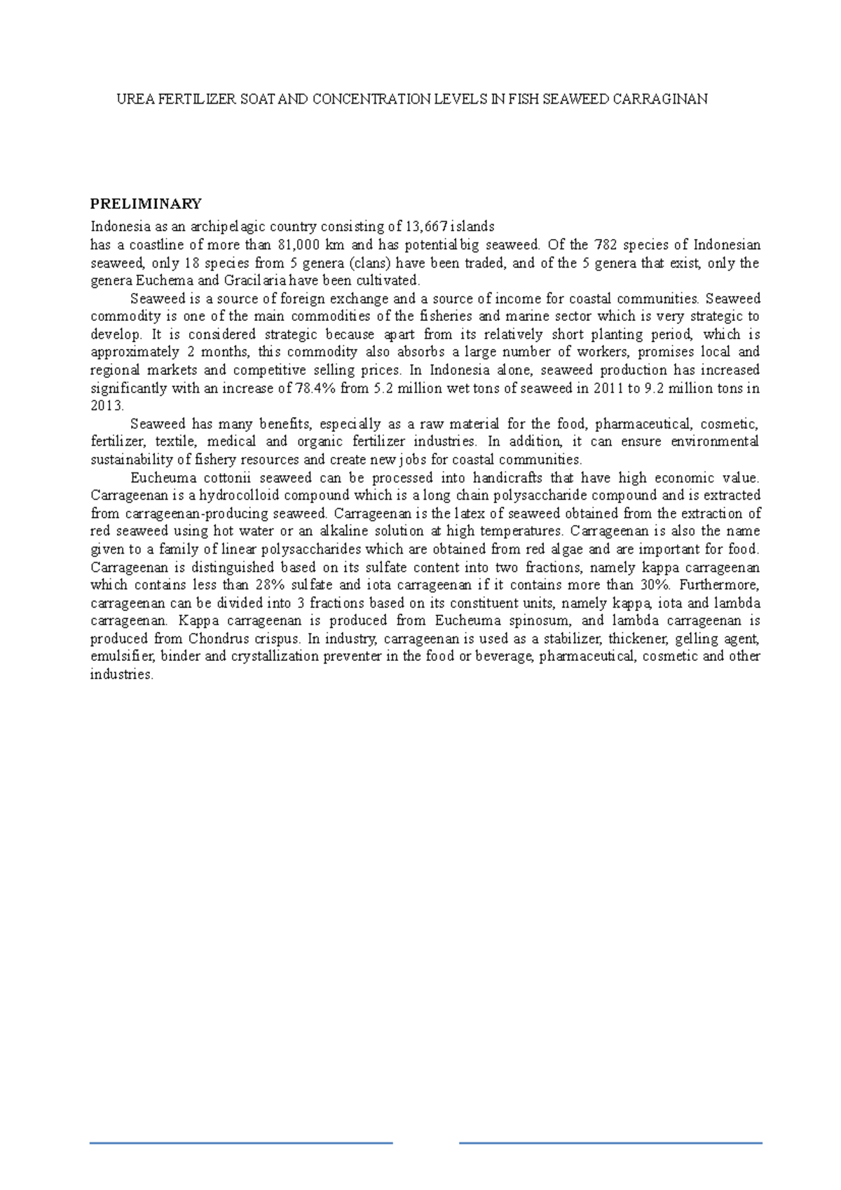 UREA Fertilizer SOAT AND Concentration Levels IN FISH Seaweed ...