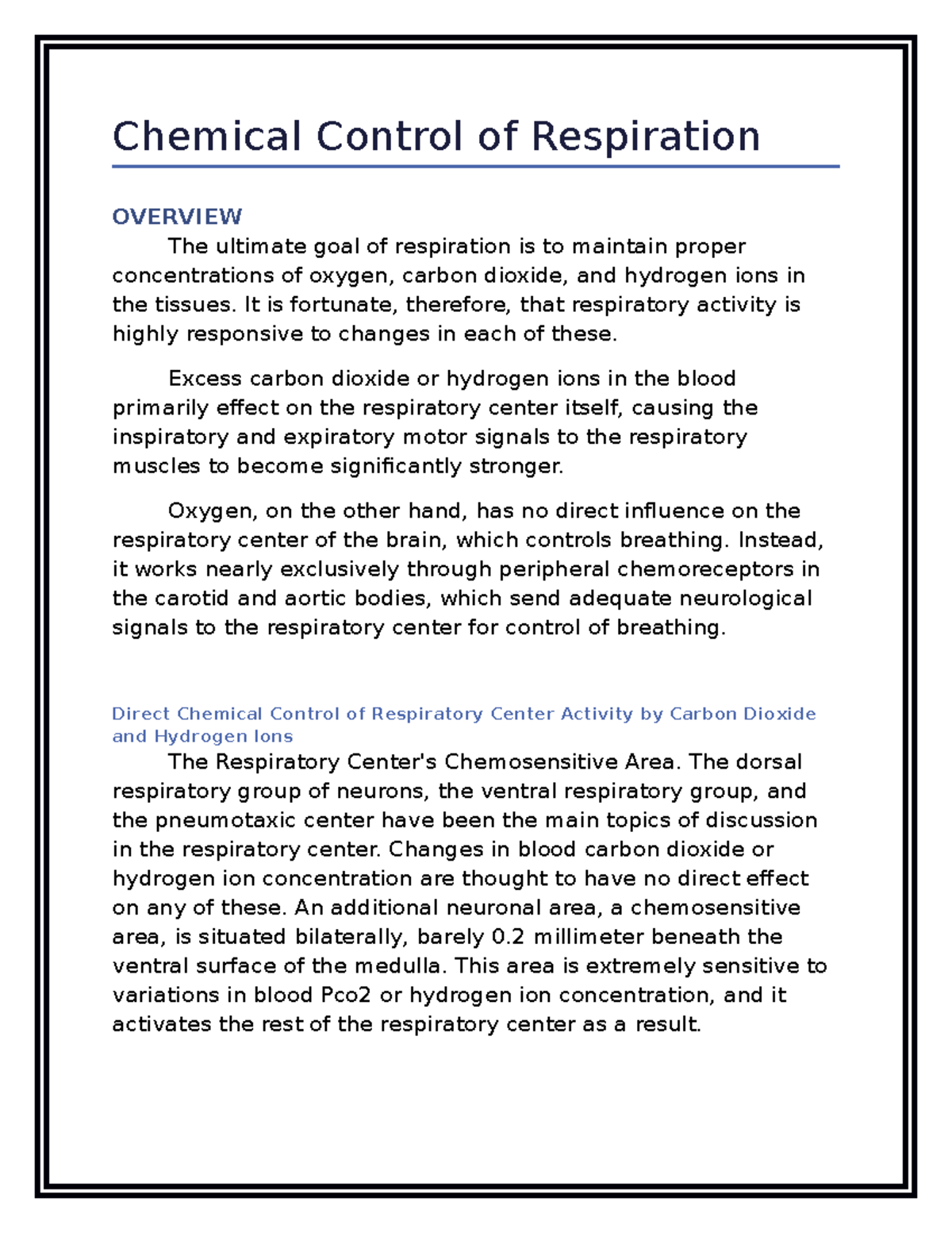 Overview Of Chemical Control of Respiration - Chemical Control of ...