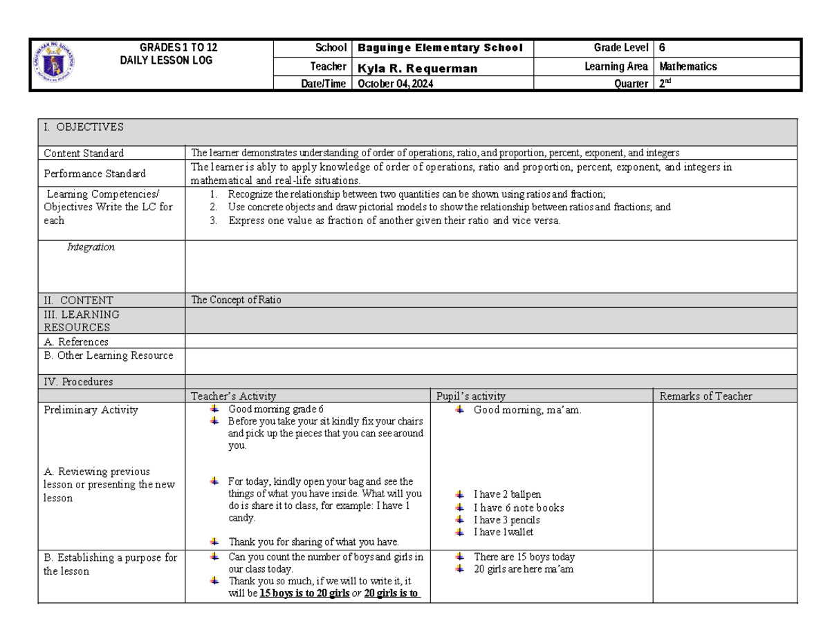 DLL MATH Grade 6 Ratio - GRADES 1 TO 12 DAILY LESSON LOG School ...