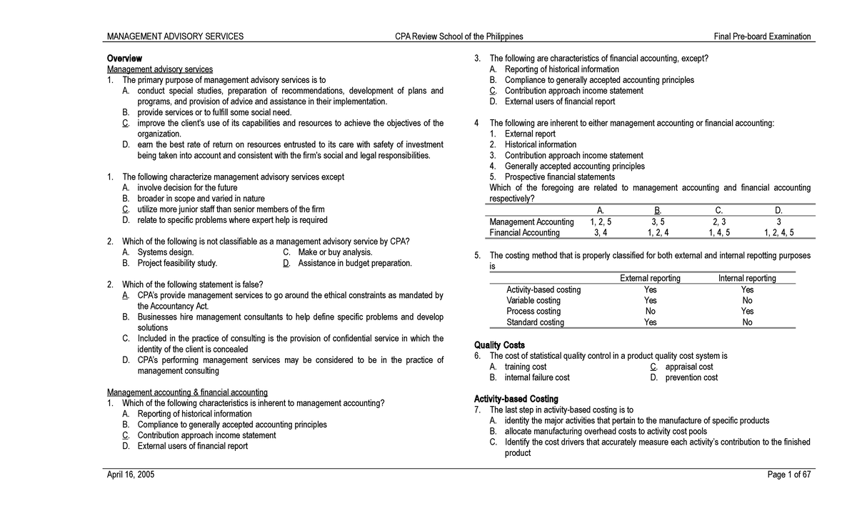 MAS Test Bank 1 (CPAR Review Center) - Overview Management advisory ...