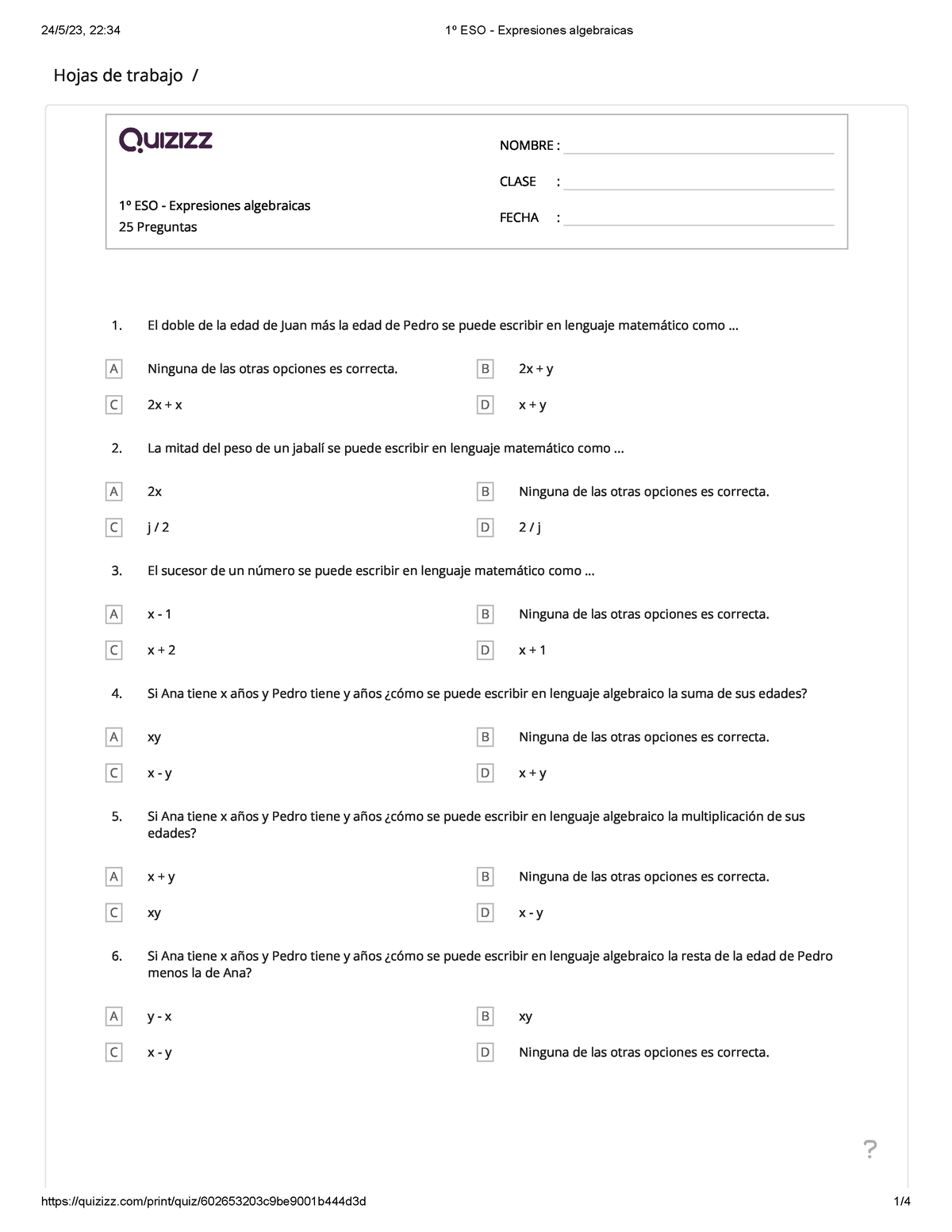 1º ESO - Expresiones Algebraicas - Hojas De Trabajo / 1º ESO ...