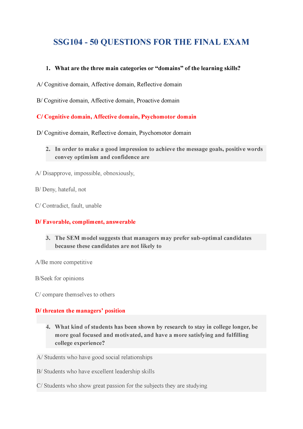 SSG104 50 Questions FOR THE Final EXAM - SSG104 - 50 QUESTIONS FOR THE ...