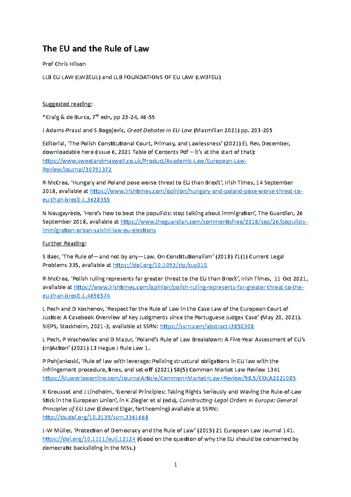 EU and the Rule of Law lecture doc - The EU and the Rule of Law Prof ...