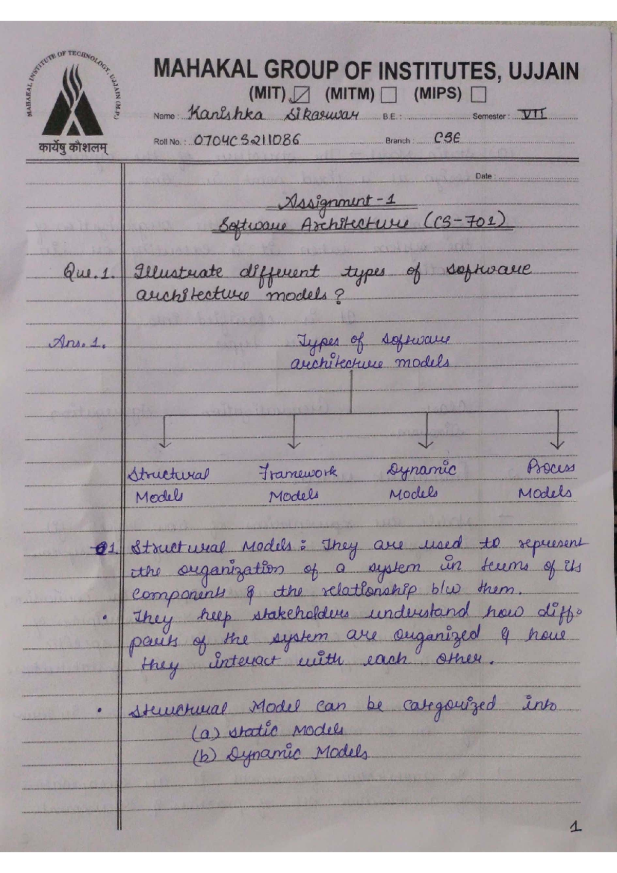 Software Architecture assignment 1 - OF TECHNOLOGY MAHAKAL GROUP OF ...