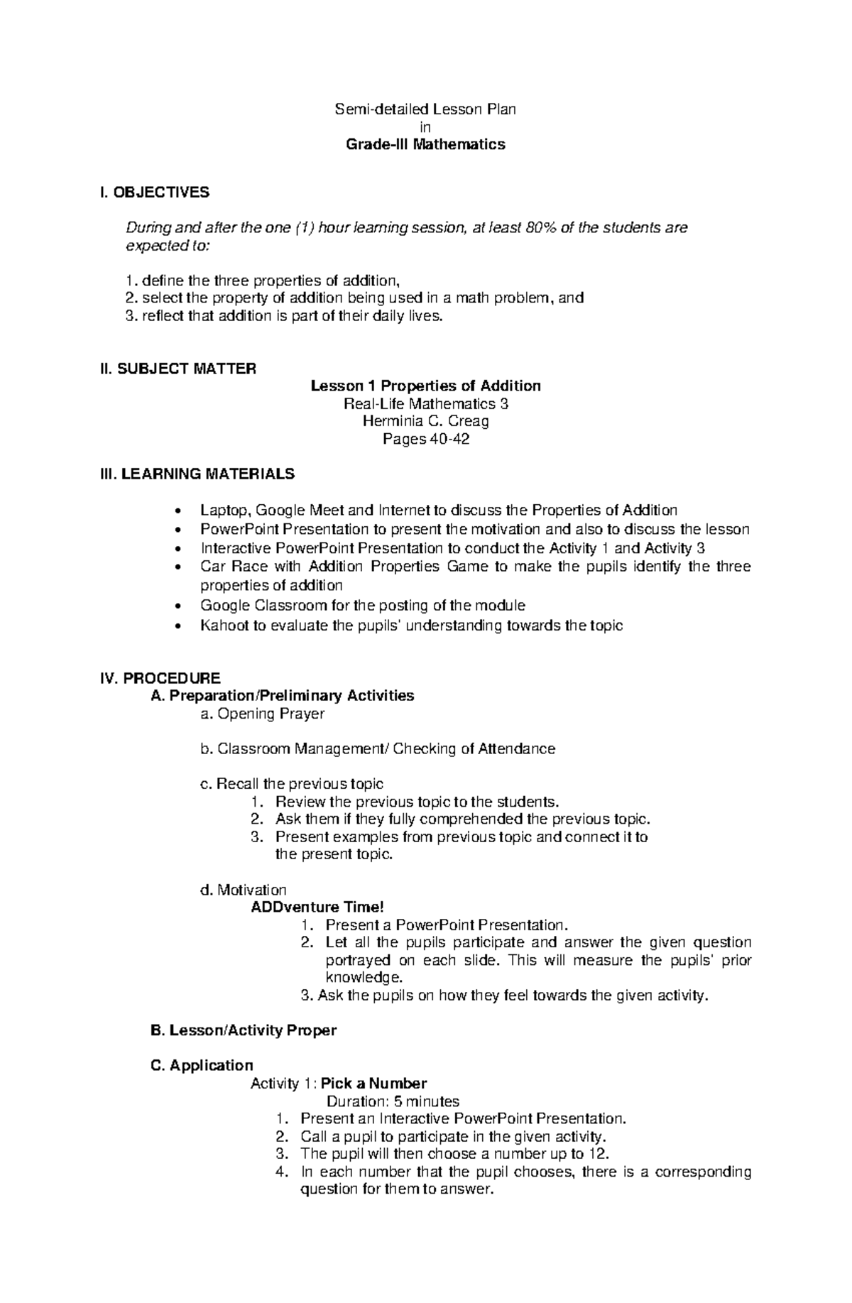 Semi-Detailed Lesson Plan - BSED Mathematics - SSCT - Studocu