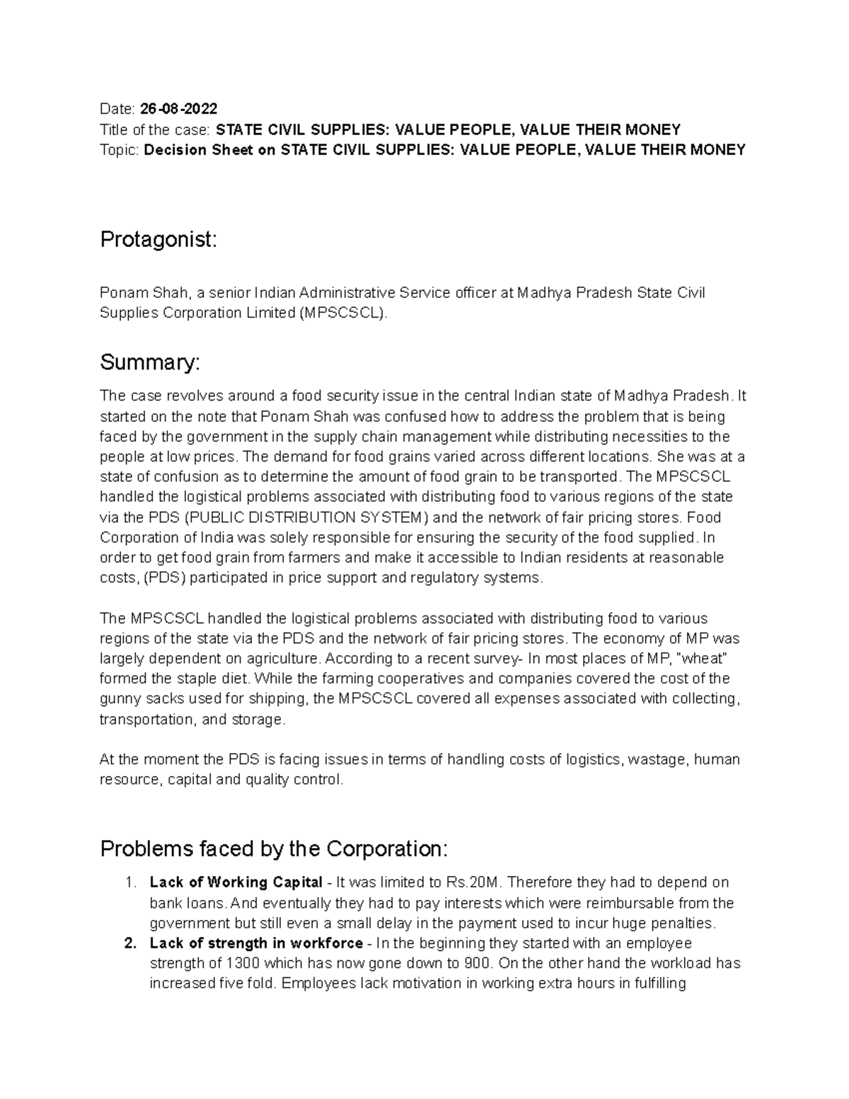 Decision Sheet on State Civil Supplies - Date: 26-08- Title of the case ...